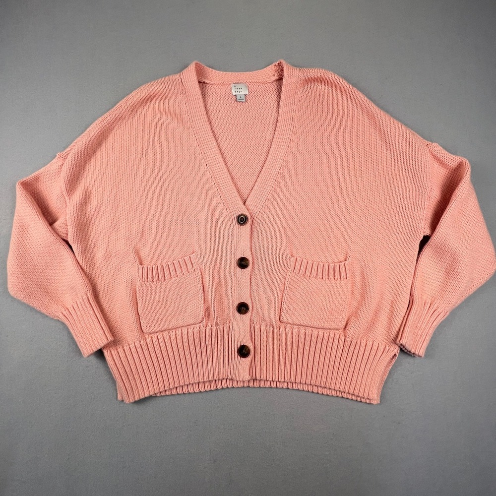 Preppy Cardigan Sweater Womens Large Pink Button Front Knit V-Neck A New Day - Picture 9 of 15